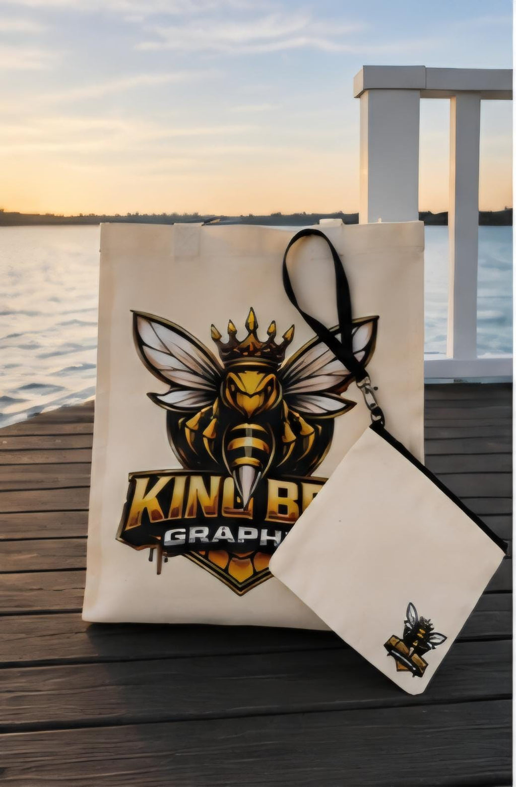 King Bee Beach Bag Set | Canvas Tote Bag with Matching Zipper Pouch | Beach Tote | Travel Bag | Poolside Tote | Vacation Essentials