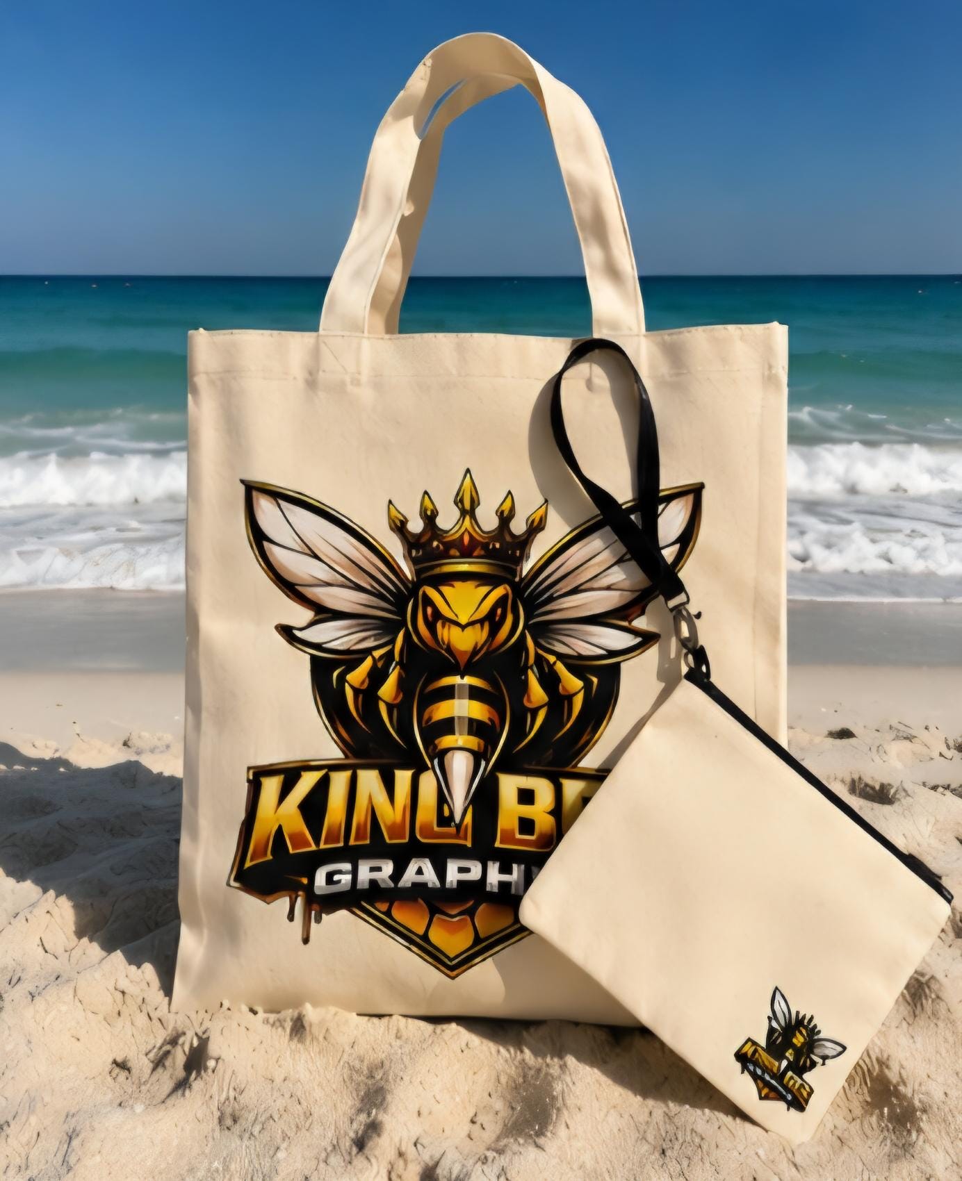 King Bee Beach Bag Set | Canvas Tote Bag with Matching Zipper Pouch | Beach Tote | Travel Bag | Poolside Tote | Vacation Essentials