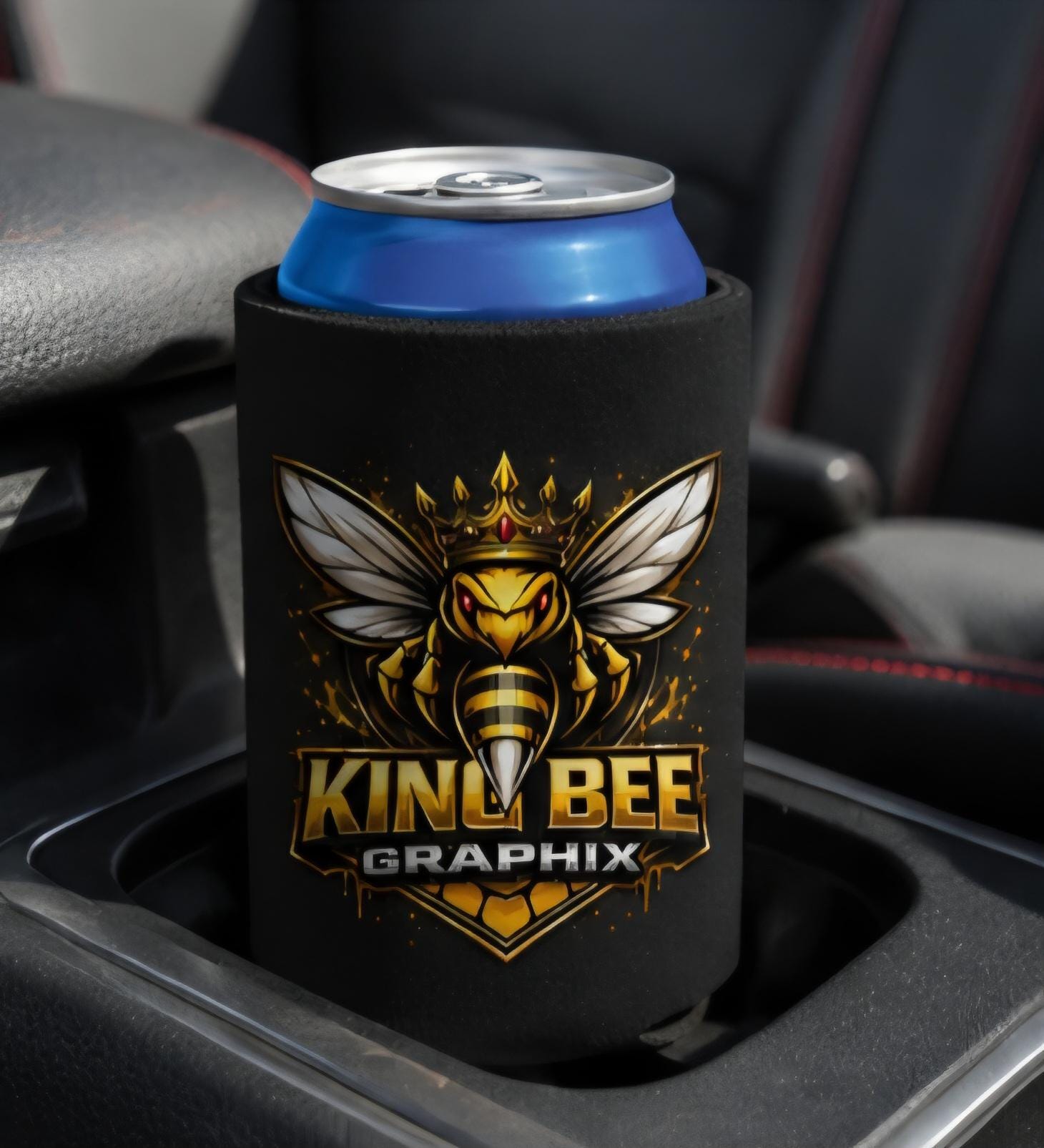 King Bee Beer Koozie | Premium Black & Gold Can Cooler | BBQ Beach Tailgate Drink Sleeve | King Bee Graphix