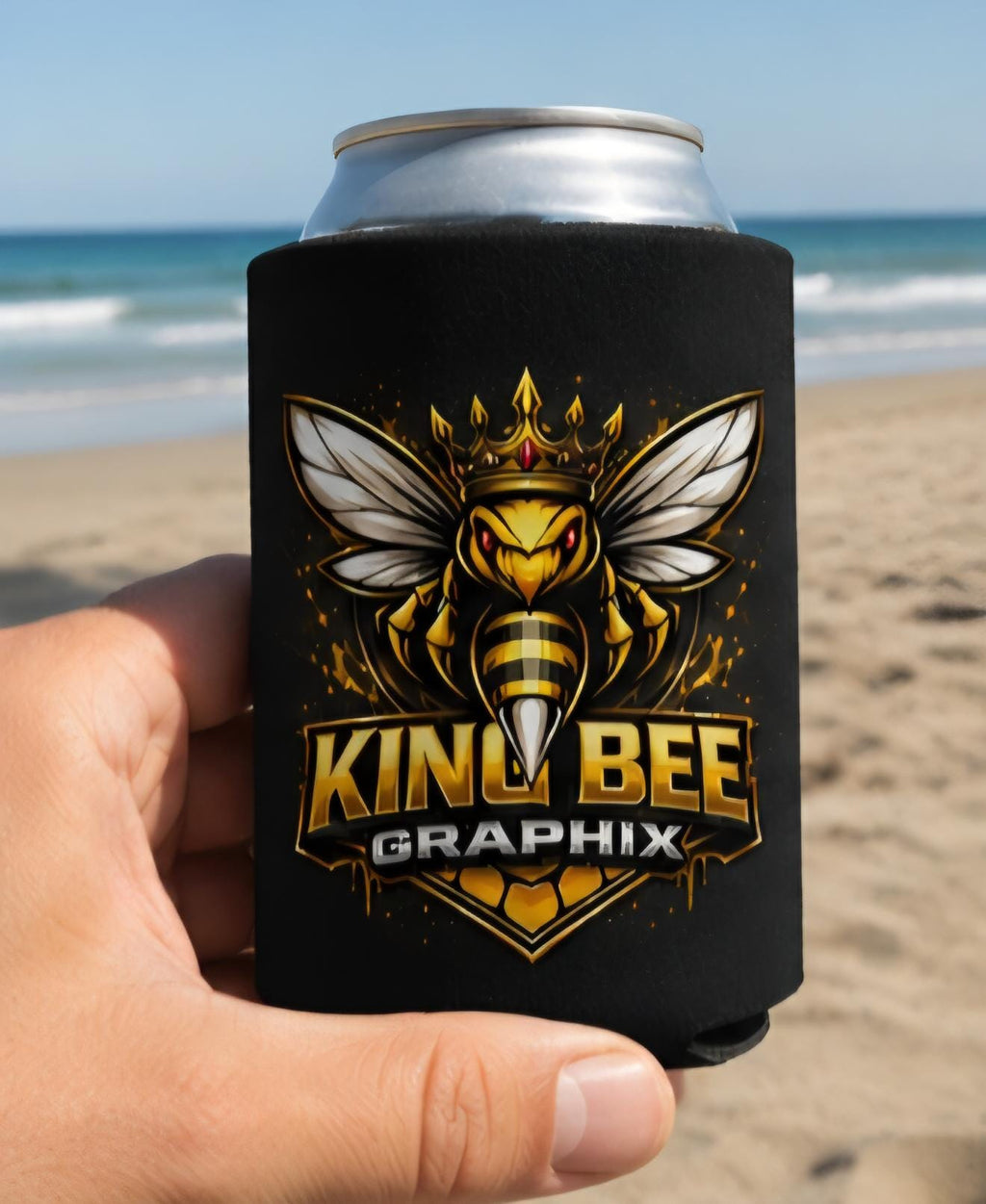 King Bee Beer Koozie | Premium Black & Gold Can Cooler | BBQ Beach Tailgate Drink Sleeve | King Bee Graphix