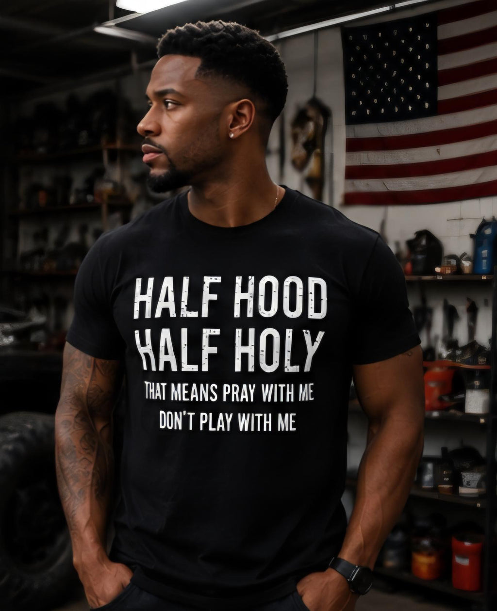 Half Hood Half Holy Shirt | Christian Streetwear Tee | Faith Based Graphic Shirt | Pray With Me Don’t Play With Me Tee