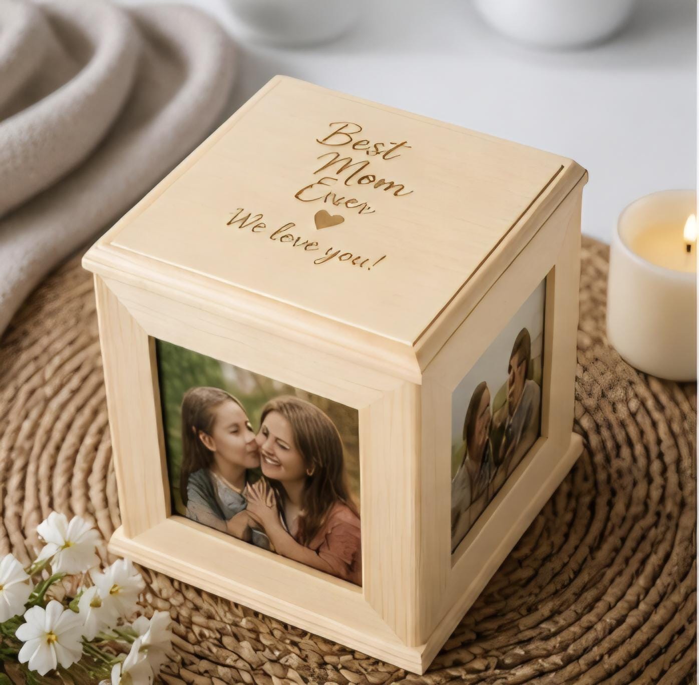 Personalized Wooden Photo Box for Mom | Custom Engraved Memory Cube | Mother’s Day Gift | Picture Keepsake Box | Gift for Mom from Daughter