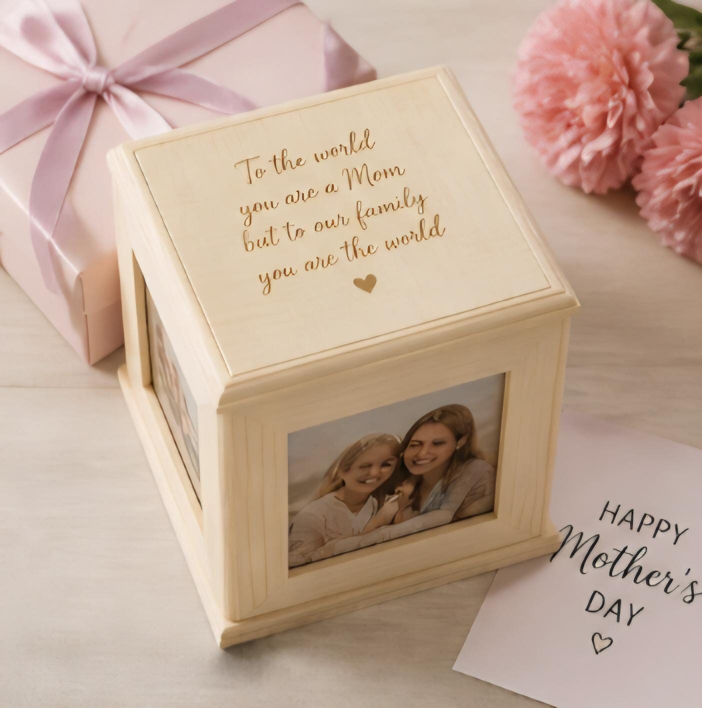 Personalized Wooden Photo Box for Mom | Custom Engraved Memory Cube | Mother’s Day Gift | Picture Keepsake Box | Gift for Mom from Daughter