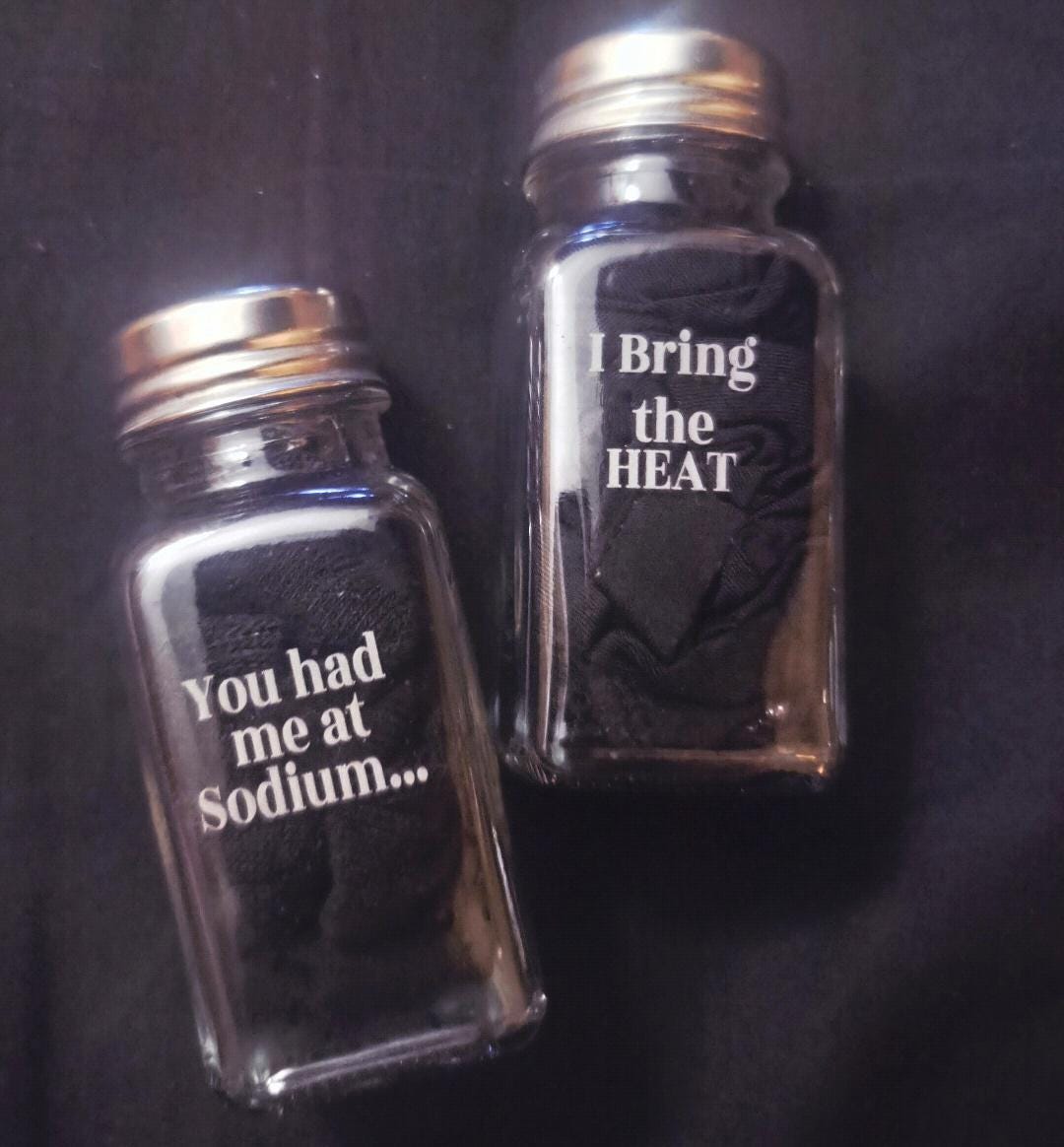 Funny Salt and Pepper Shakers Set, Couples Kitchen Gift, “You Had Me at Sodium” “I Bring the Heat”, Wedding Gift, Housewarming Gift