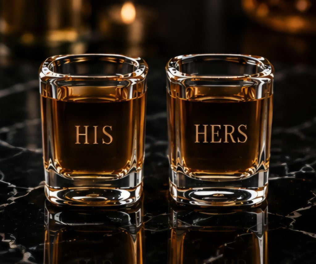 Personalized His n Hers Engraved Shot Glass Set | Custom Couples Barware | Square Whiskey Shot Glasses | Wedding & Anniversary Gift