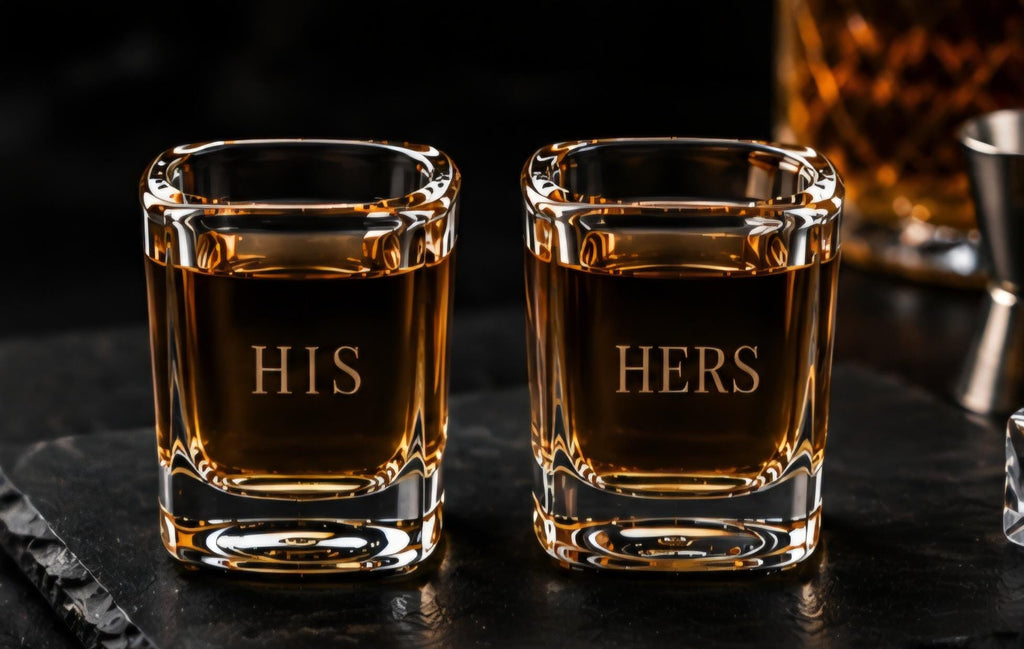 Personalized His n Hers Engraved Shot Glass Set | Custom Couples Barware | Square Whiskey Shot Glasses | Wedding & Anniversary Gift