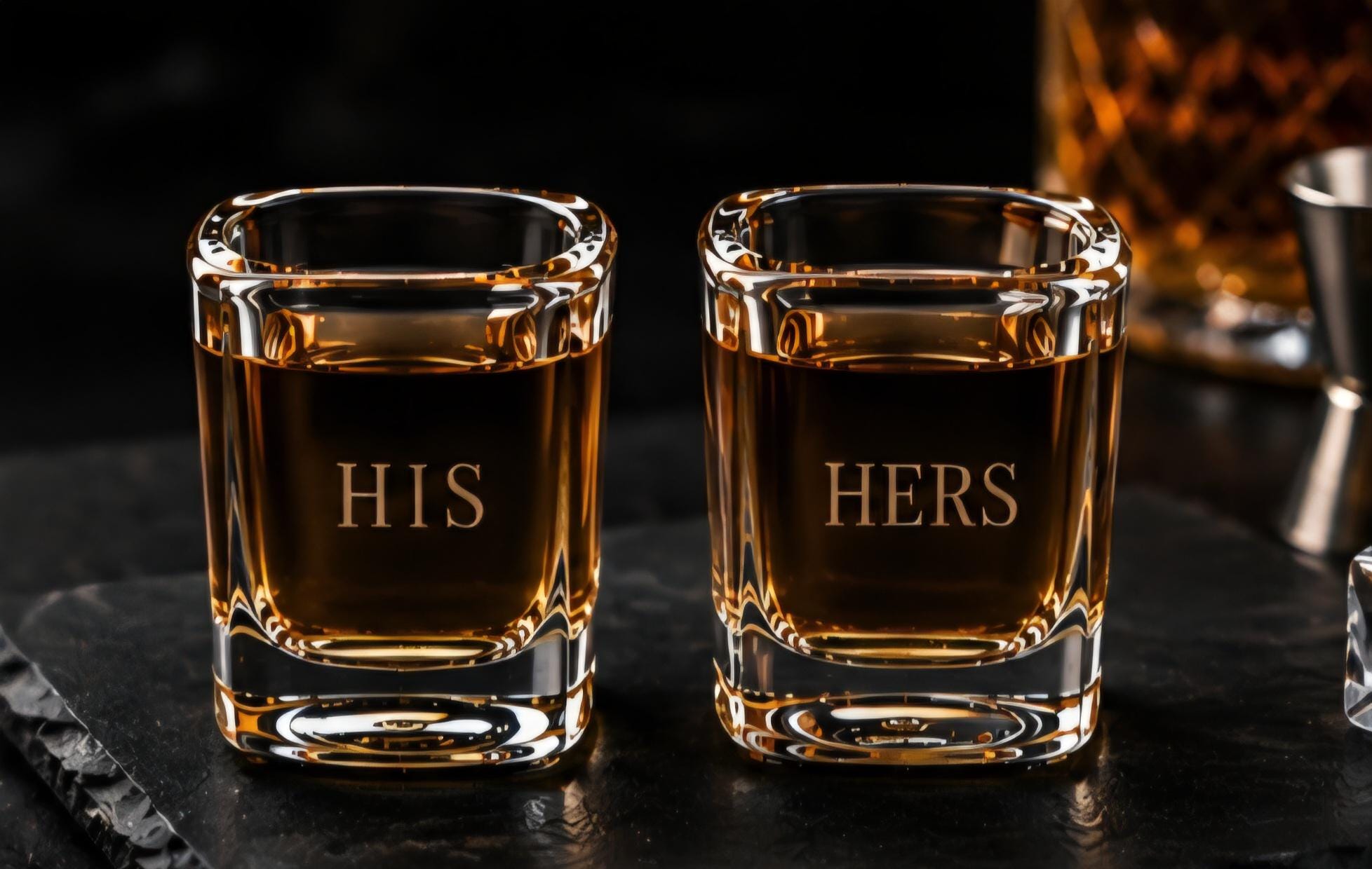 Personalized His n Hers Engraved Shot Glass Set | Custom Couples Barware | Square Whiskey Shot Glasses | Wedding & Anniversary Gift