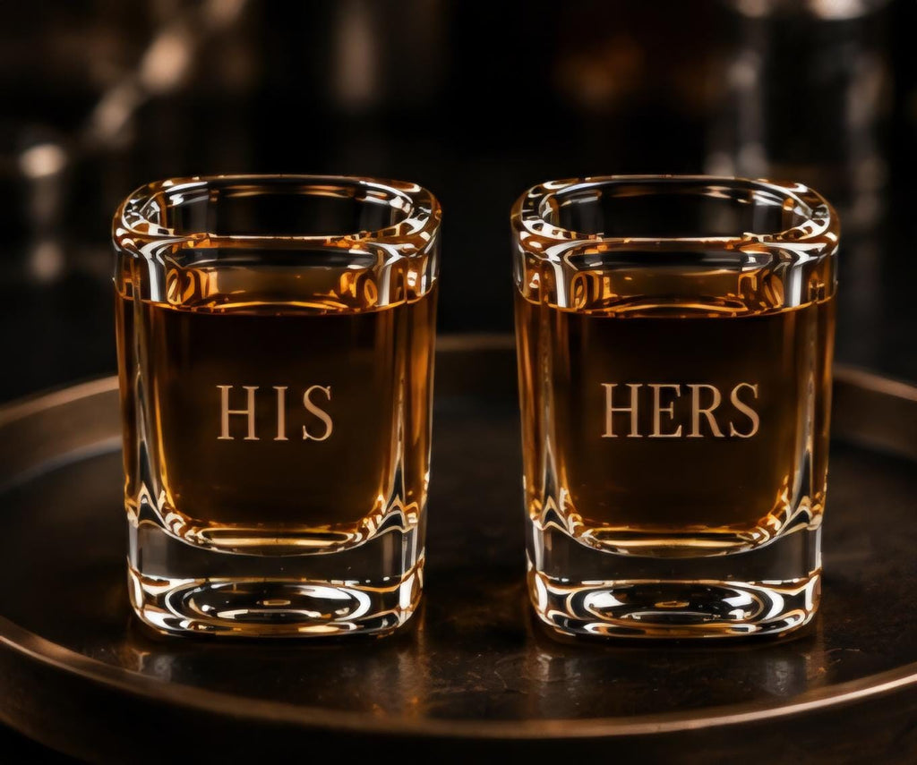Personalized His n Hers Engraved Shot Glass Set | Custom Couples Barware | Square Whiskey Shot Glasses | Wedding & Anniversary Gift