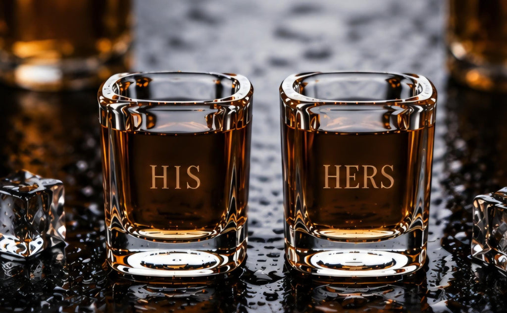 Personalized His n Hers Engraved Shot Glass Set | Custom Couples Barware | Square Whiskey Shot Glasses | Wedding & Anniversary Gift
