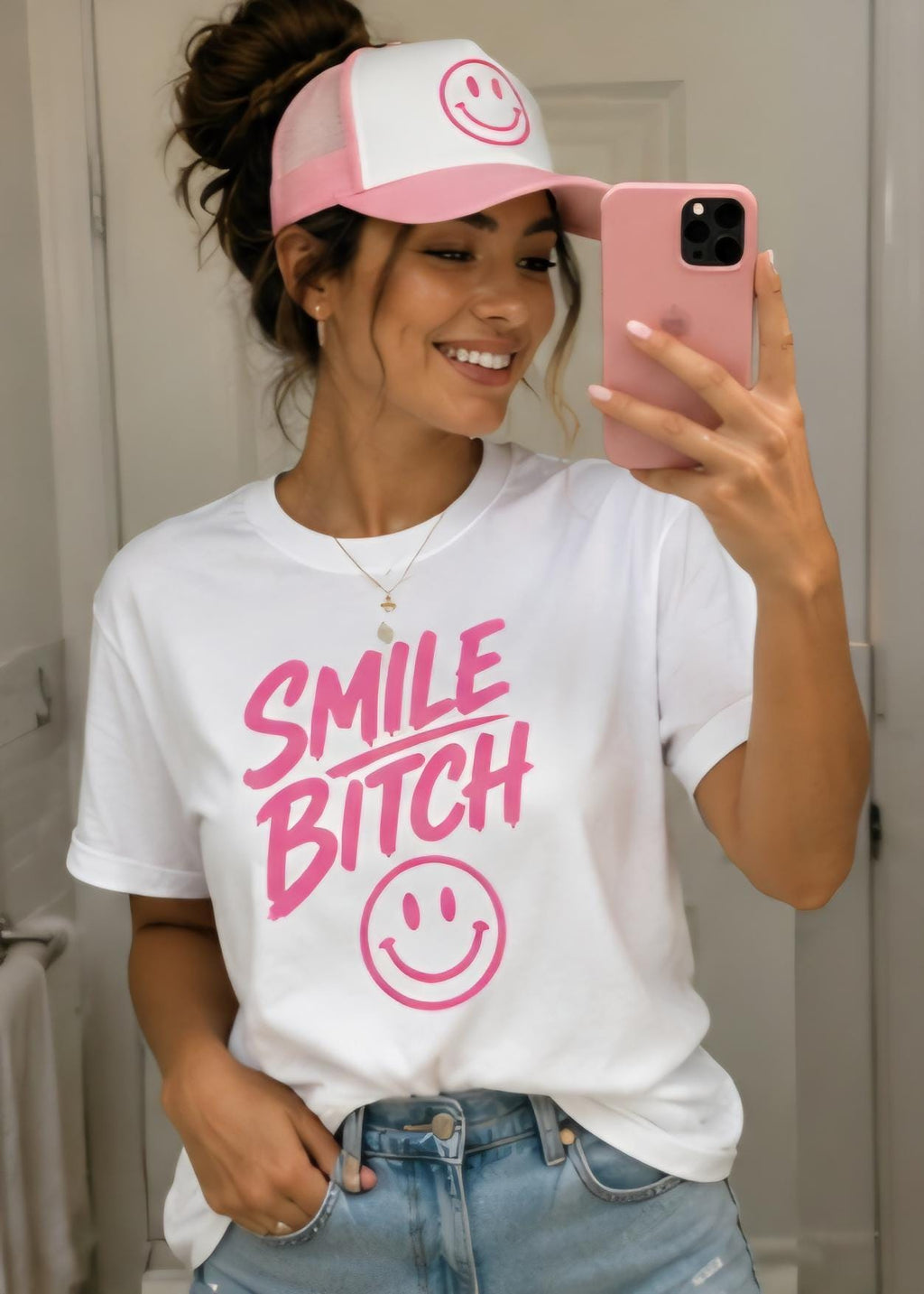 Smile Bitch Matching Set | Pink Trucker Hat & Graphic Tee Combo | Funny Matching Outfit | Cute Summer Outfit | Women’s Statement Tee Set