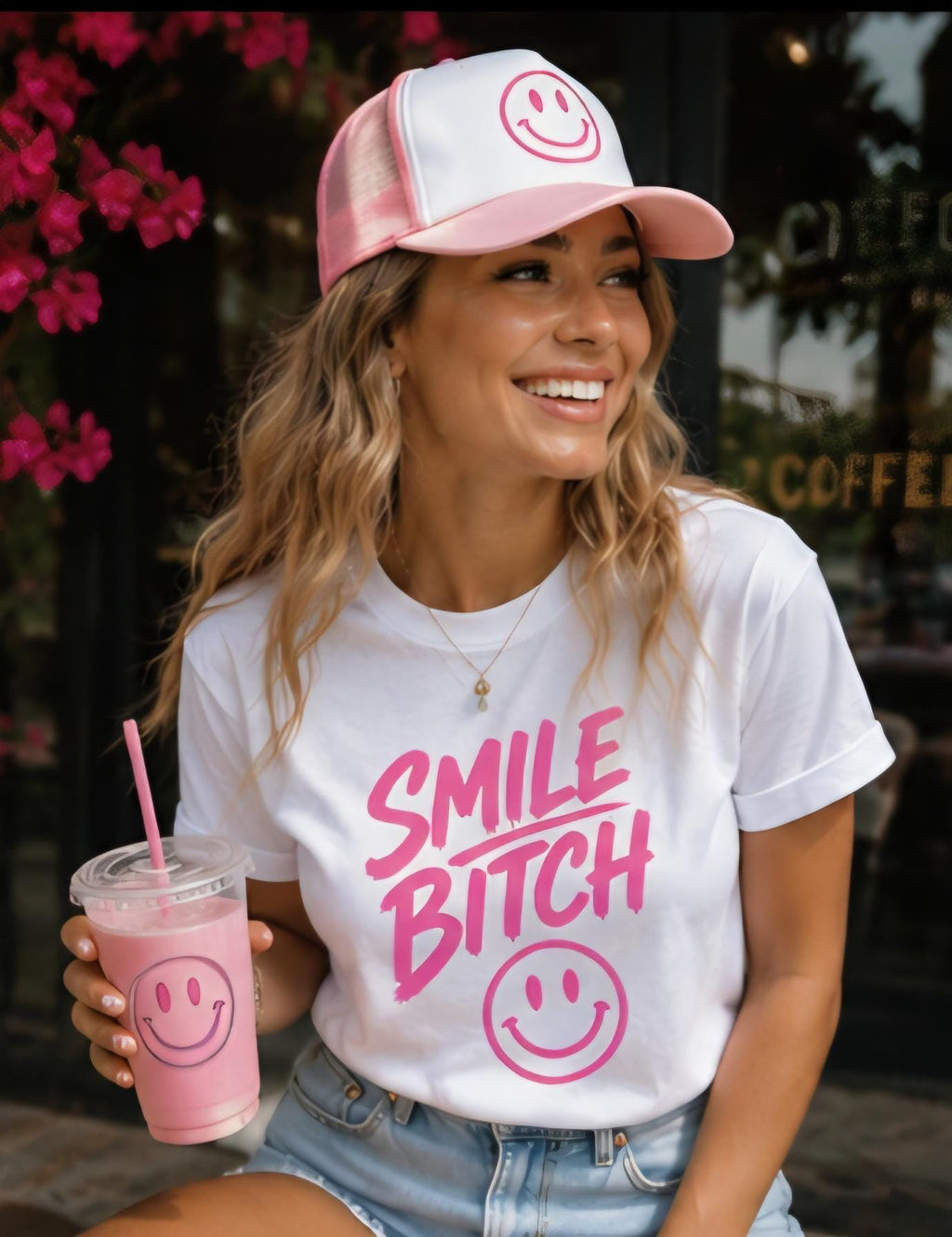 Smile Bitch Matching Set | Pink Trucker Hat & Graphic Tee Combo | Funny Matching Outfit | Cute Summer Outfit | Women’s Statement Tee Set