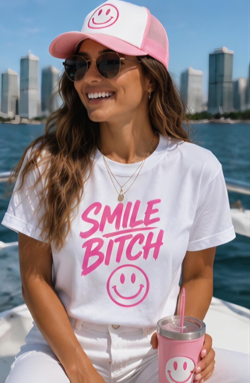 Smile Bitch Matching Set | Pink Trucker Hat & Graphic Tee Combo | Funny Matching Outfit | Cute Summer Outfit | Women’s Statement Tee Set