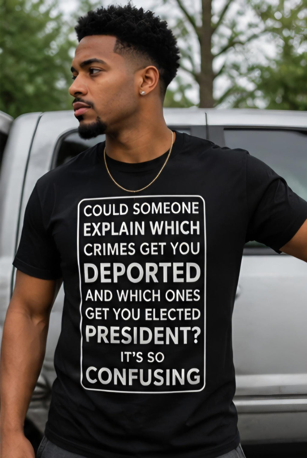 Could Someone Explain… Funny Political Humor T-Shirt – Statement Graphic Tee – Conversation Starter Shirt – Black Tee with White Lettering