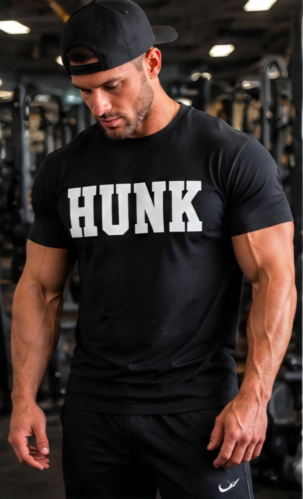 HUNK T-Shirt – Bold Men’s Graphic Tee – Funny Confidence Shirt – Gym Shirt – Streetwear Tee – Black Shirt with White Lettering