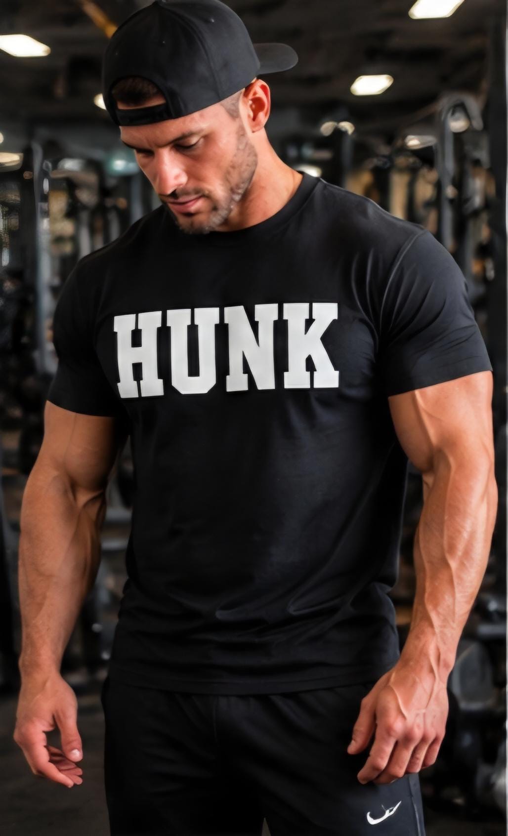HUNK T-Shirt – Bold Men’s Graphic Tee – Funny Confidence Shirt – Gym Shirt – Streetwear Tee – Black Shirt with White Lettering