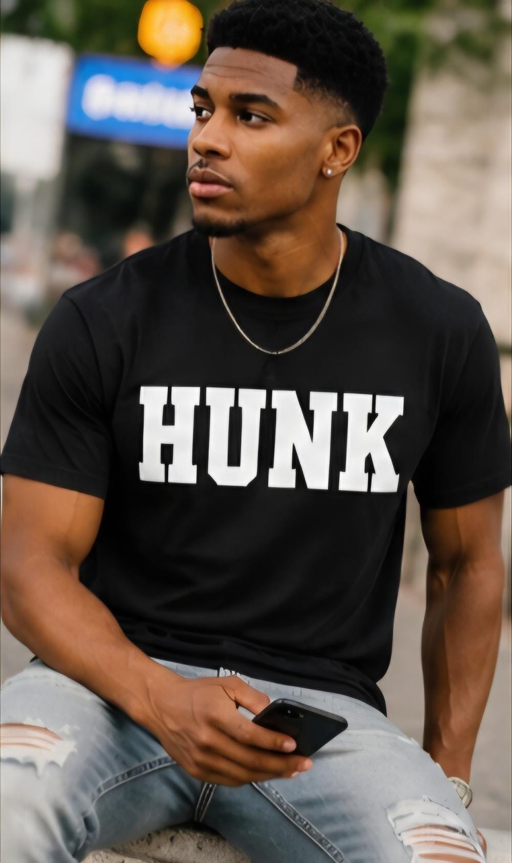 HUNK T-Shirt – Bold Men’s Graphic Tee – Funny Confidence Shirt – Gym Shirt – Streetwear Tee – Black Shirt with White Lettering