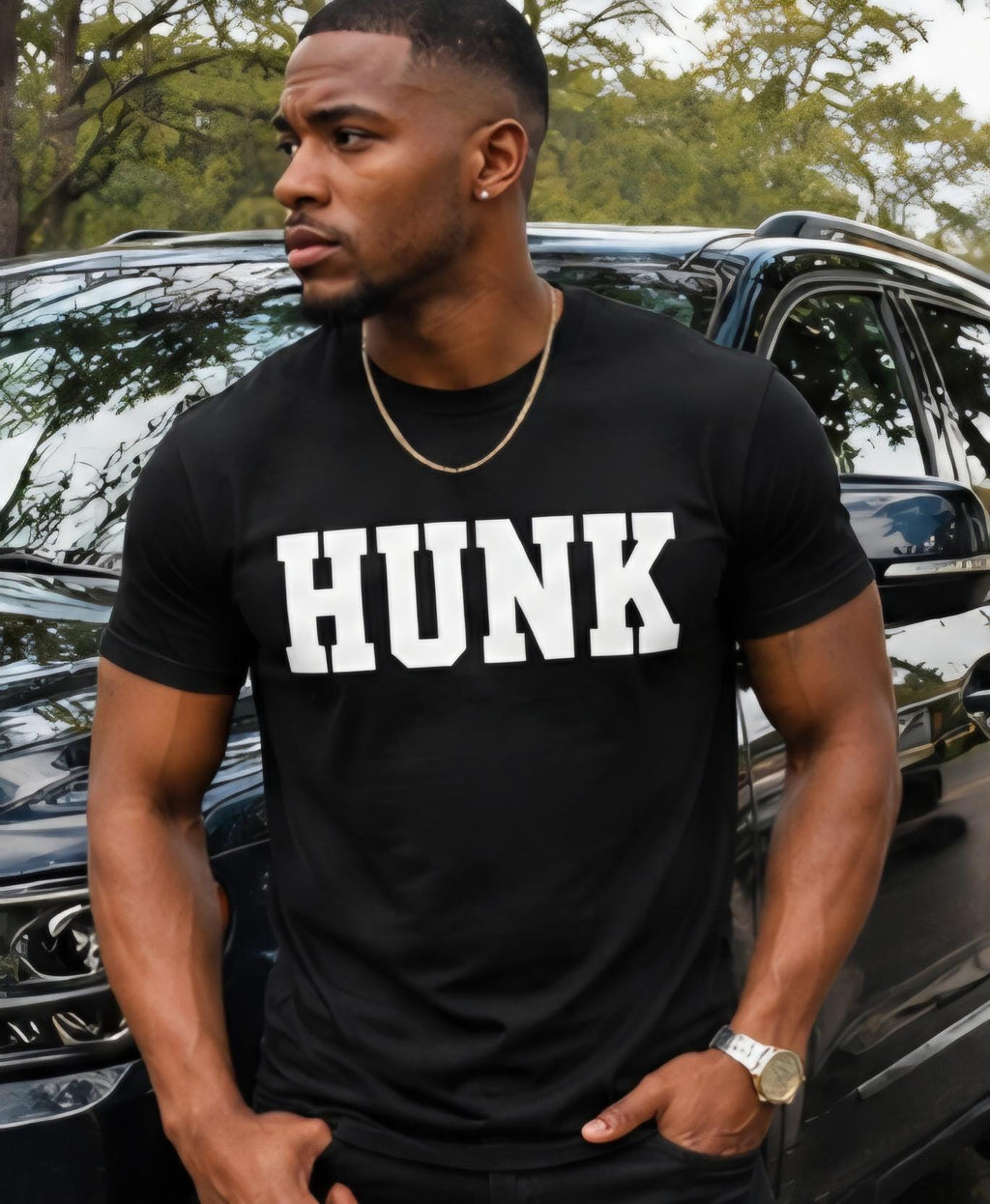 HUNK T-Shirt – Bold Men’s Graphic Tee – Funny Confidence Shirt – Gym Shirt – Streetwear Tee – Black Shirt with White Lettering