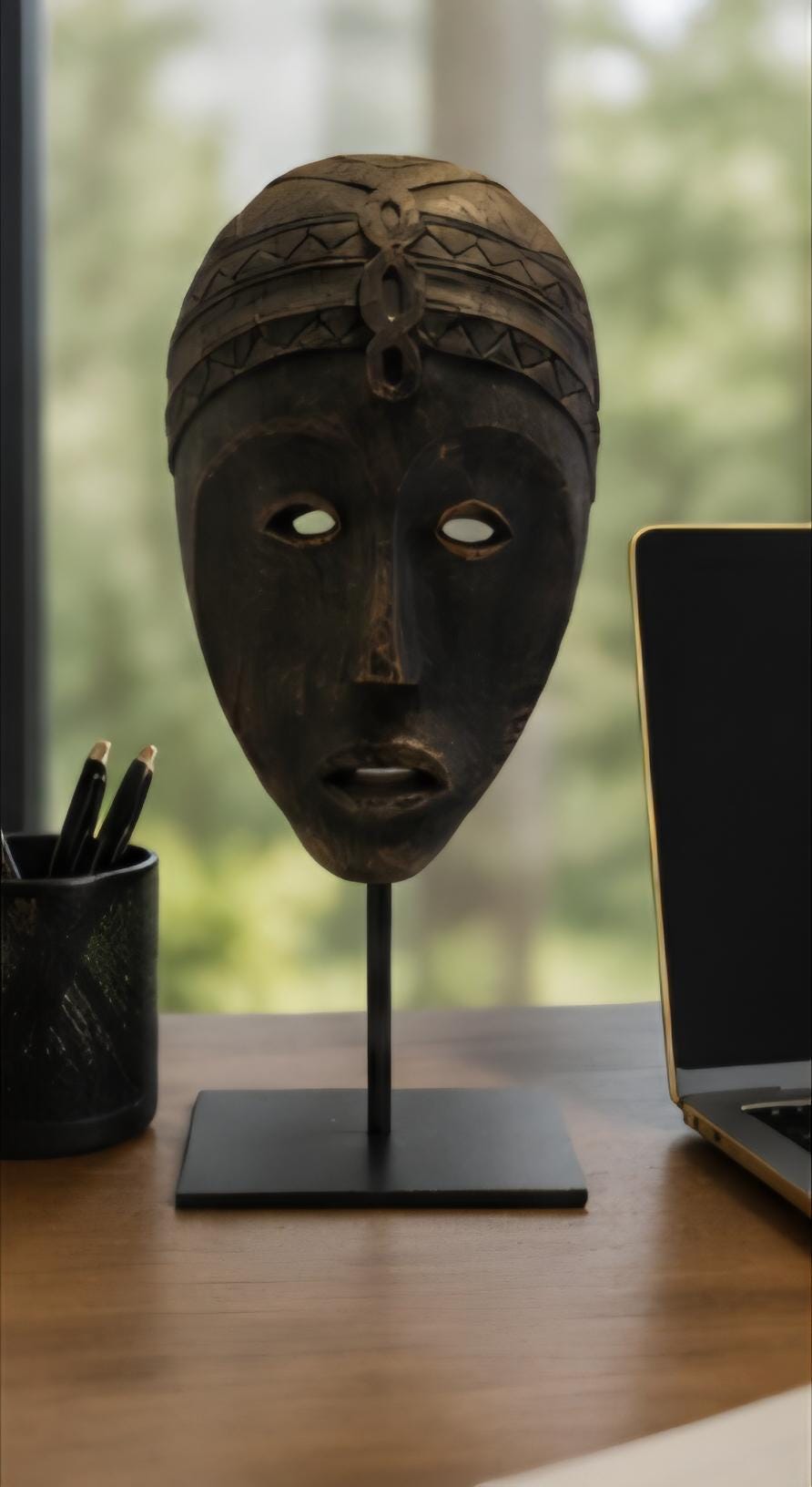 African Tribal Wood Mask Sculpture on Stand Solid Wood Afrocentric Home Decor Hand Carved Style Statement Art Boho Luxury Decor