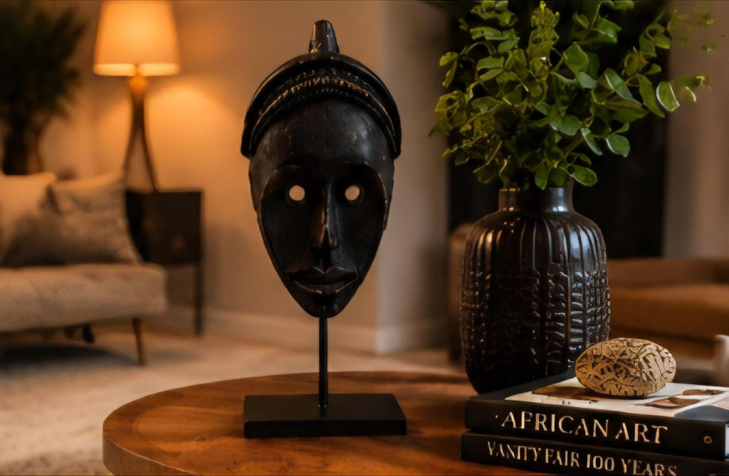 Hand Carved African Wood Mask Sculpture on Stand Solid Wood Tribal Decor 17.5 Inch Statement Art