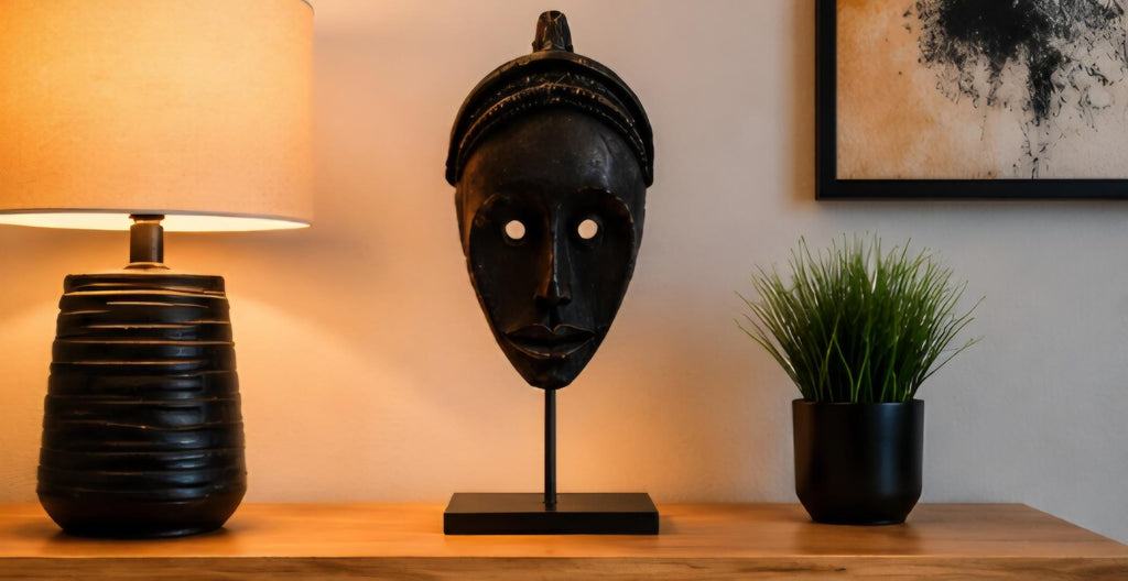 Hand Carved African Wood Mask Sculpture on Stand Solid Wood Tribal Decor 17.5 Inch Statement Art