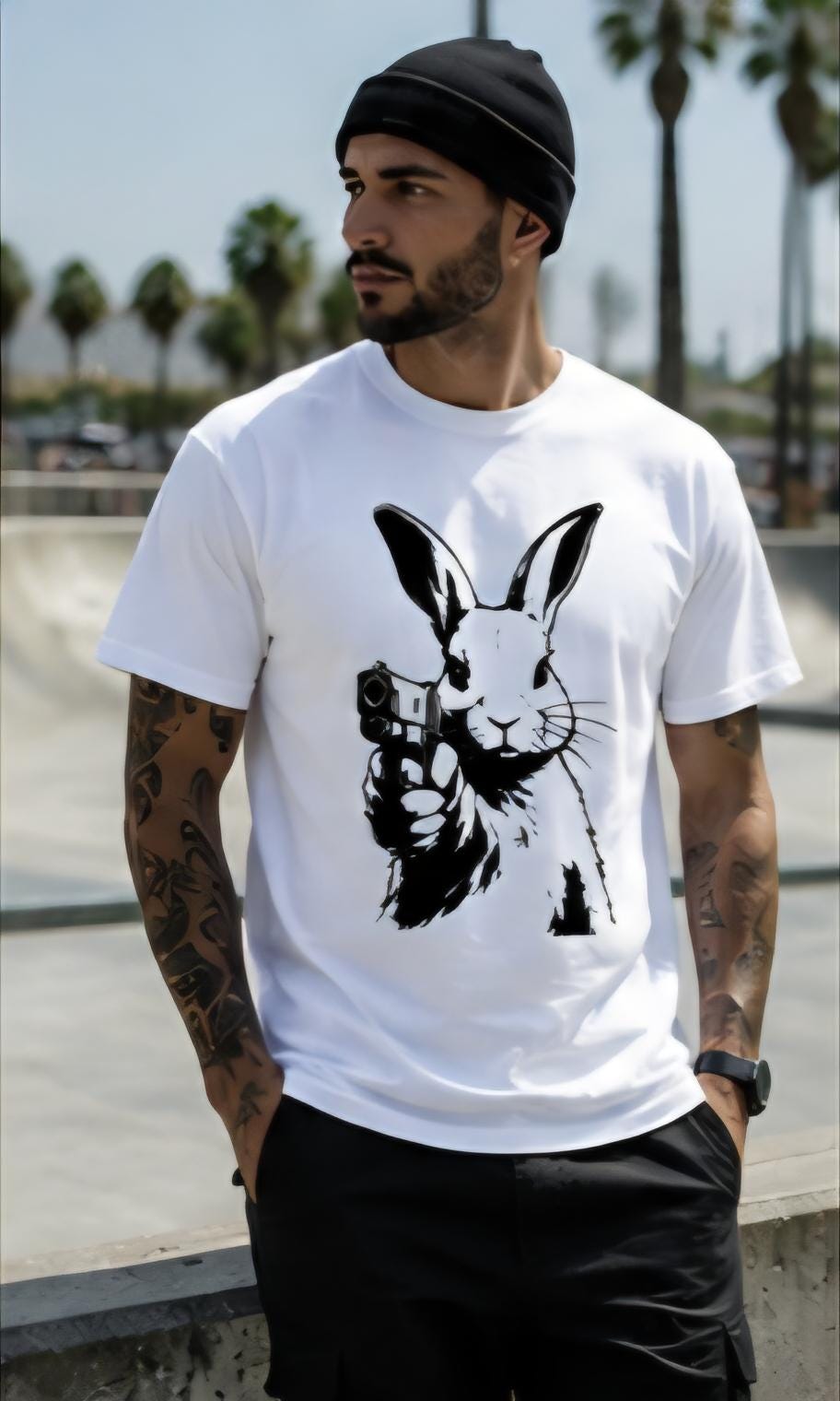 Rabbit With a Gun Shirt | Streetwear Graphic Tee | Urban Bunny Shirt | Black & White Graphic Tee | Killa Bee Apparel | Underground Fashion