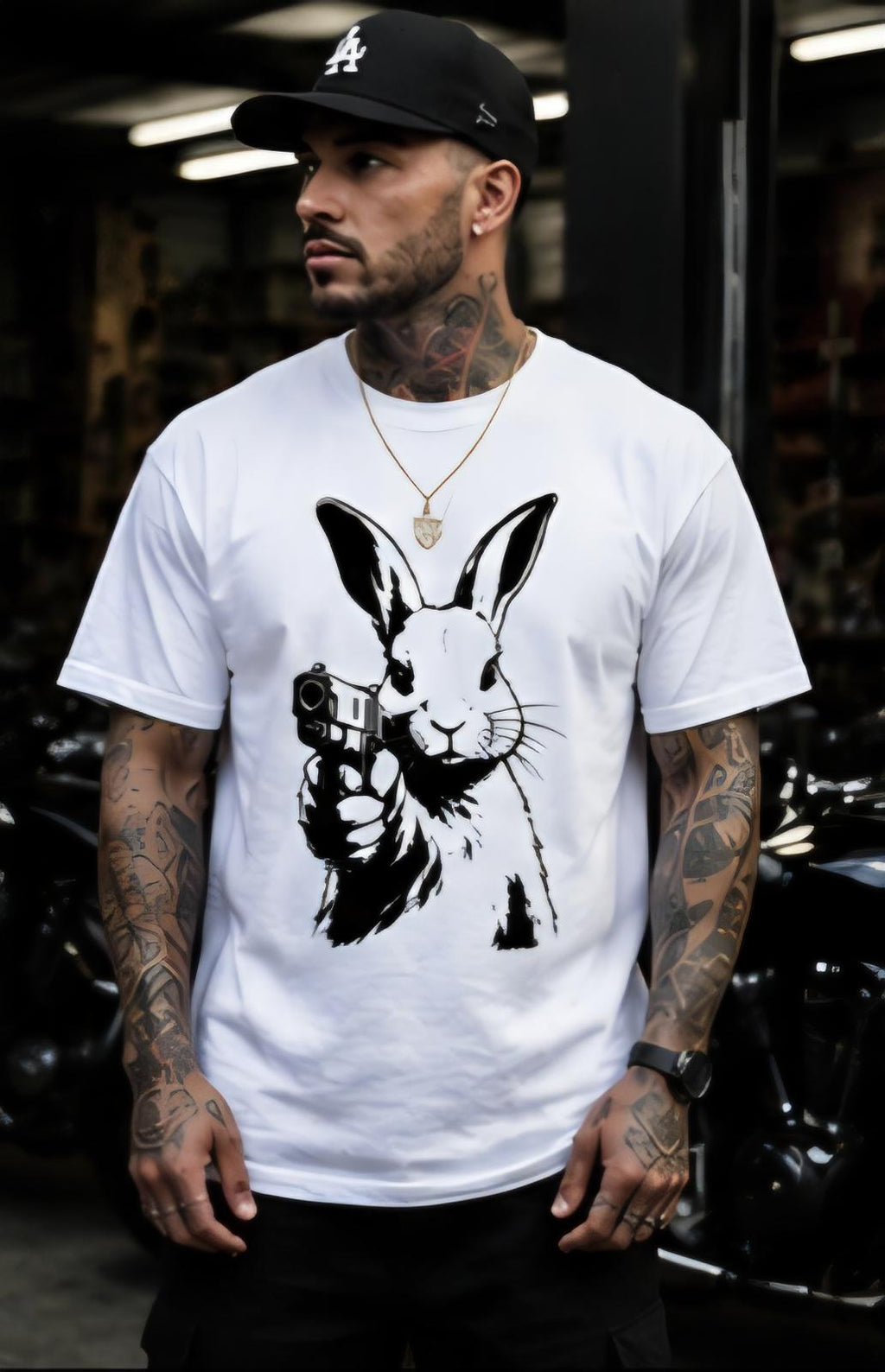 Rabbit With a Gun Shirt | Streetwear Graphic Tee | Urban Bunny Shirt | Black & White Graphic Tee | Killa Bee Apparel | Underground Fashion