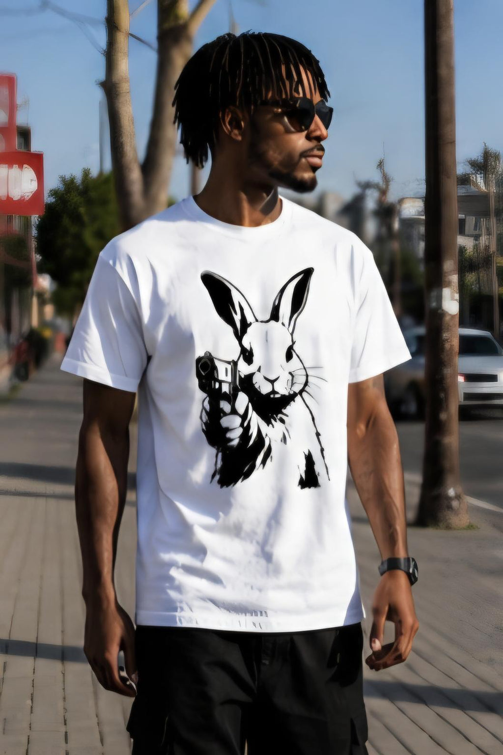 Rabbit With a Gun Shirt | Streetwear Graphic Tee | Urban Bunny Shirt | Black & White Graphic Tee | Killa Bee Apparel | Underground Fashion