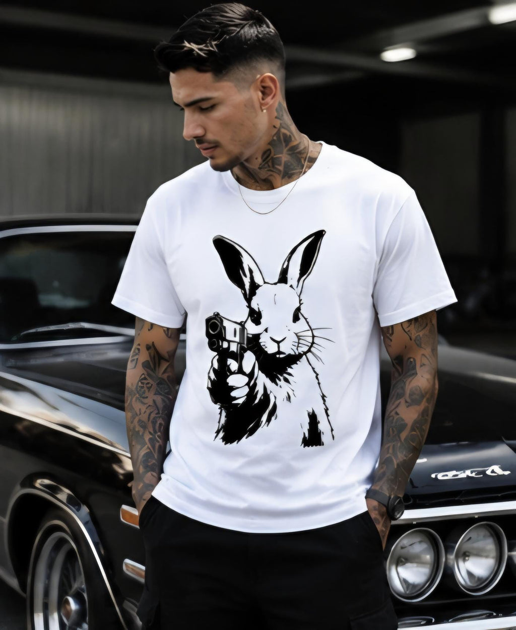 Rabbit With a Gun Shirt | Streetwear Graphic Tee | Urban Bunny Shirt | Black & White Graphic Tee | Killa Bee Apparel | Underground Fashion