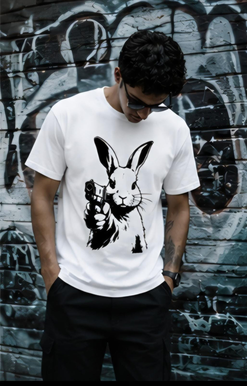Rabbit With a Gun Shirt | Streetwear Graphic Tee | Urban Bunny Shirt | Black & White Graphic Tee | Killa Bee Apparel | Underground Fashion