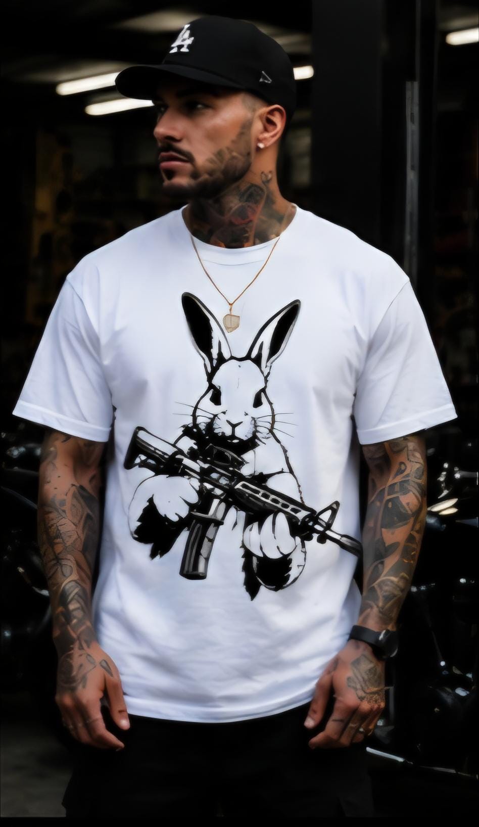 Rabbit With AR Shirt | Streetwear Graphic Tee | Urban Bunny Shirt | Black & White Streetwear | Killa Bee Apparel | Graphic Tee
