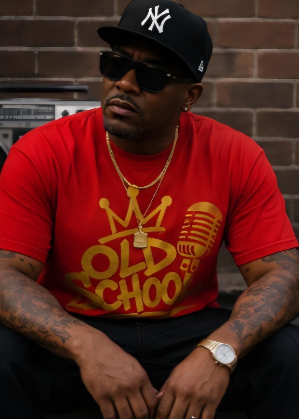 Old School Hip Hop Shirt Red Tee Gold Vinyl Retro Rap Streetwear Graphic Tee 90s Inspired Urban Fashion Unisex Tshirt