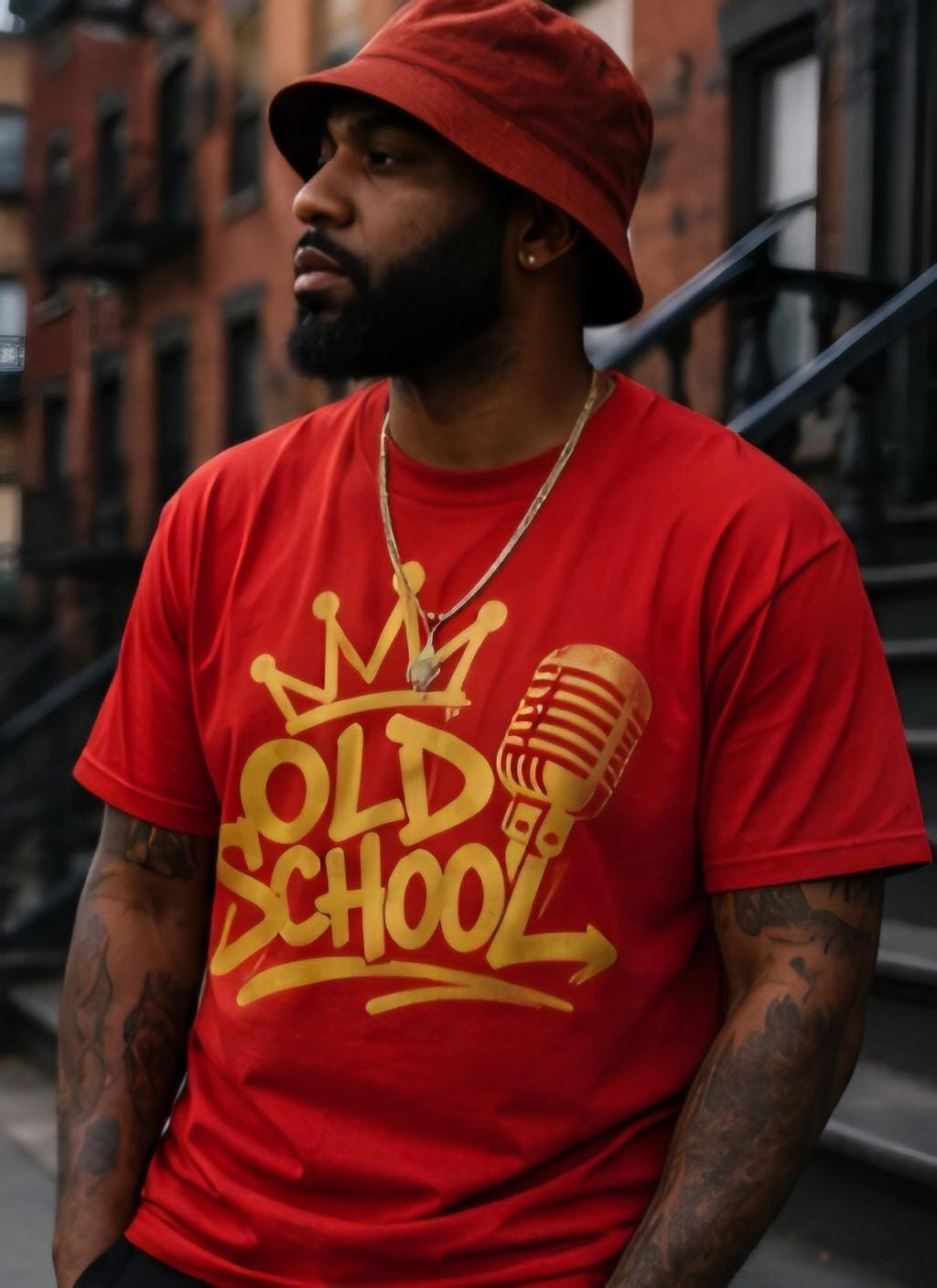 Old School Hip Hop Shirt Red Tee Gold Vinyl Retro Rap Streetwear Graphic Tee 90s Inspired Urban Fashion Unisex Tshirt