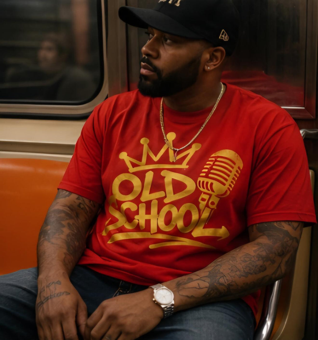 Old School Hip Hop Shirt Red Tee Gold Vinyl Retro Rap Streetwear Graphic Tee 90s Inspired Urban Fashion Unisex Tshirt