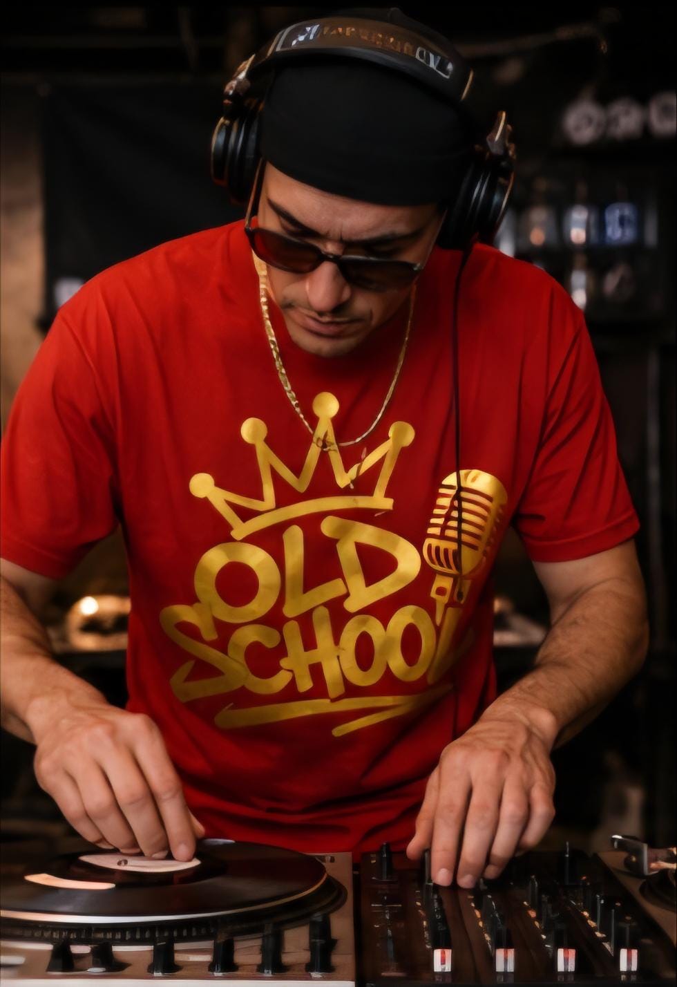 Old School Hip Hop Shirt Red Tee Gold Vinyl Retro Rap Streetwear Graphic Tee 90s Inspired Urban Fashion Unisex Tshirt