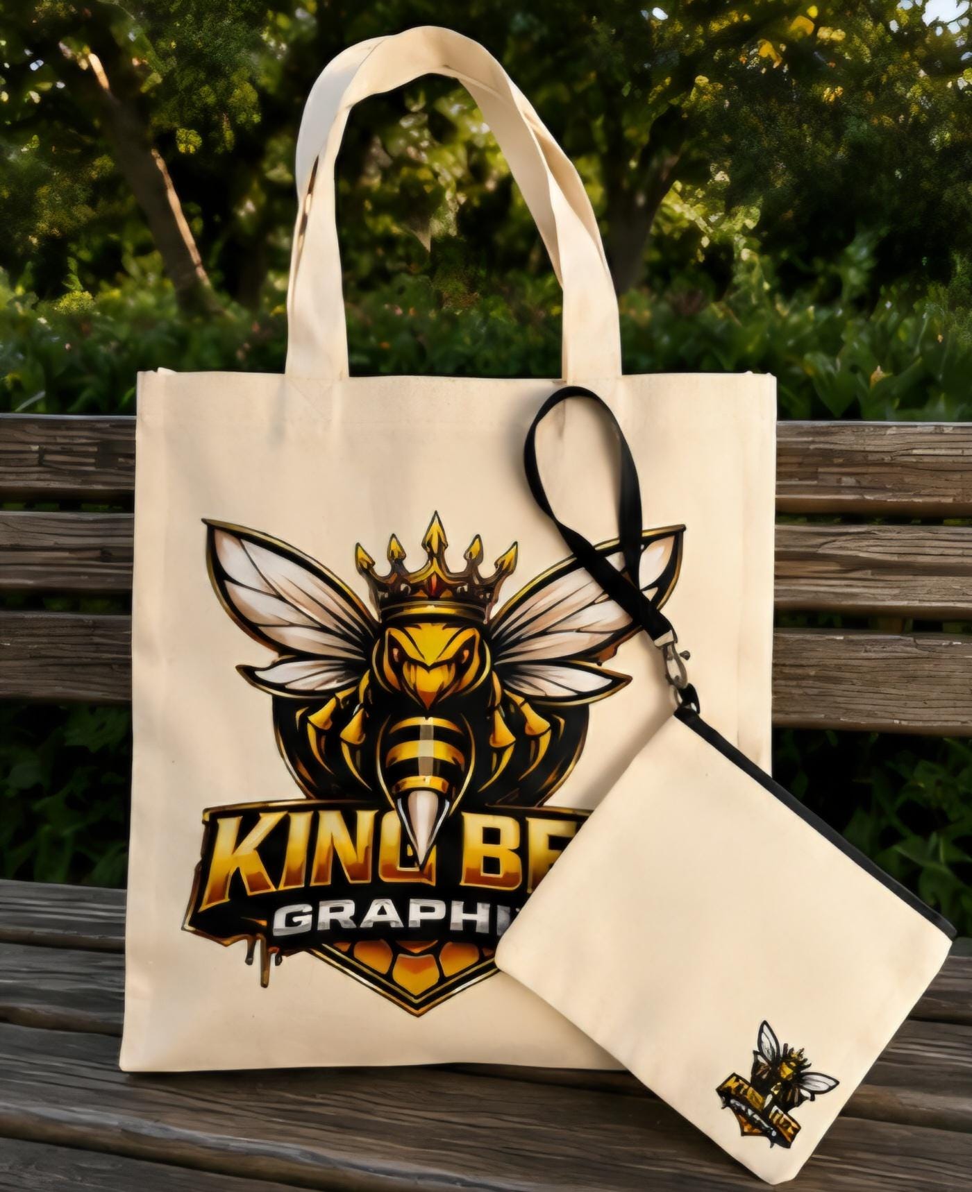 King Bee Beach Bag Set | Canvas Tote Bag with Matching Zipper Pouch | Beach Tote | Travel Bag | Poolside Tote | Vacation Essentials