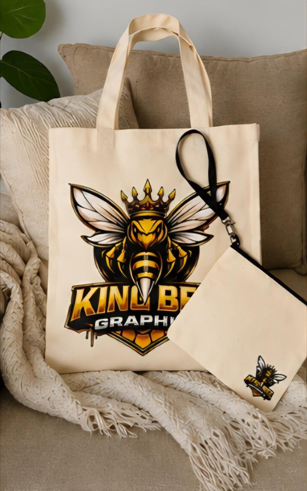 King Bee Beach Bag Set | Canvas Tote Bag with Matching Zipper Pouch | Beach Tote | Travel Bag | Poolside Tote | Vacation Essentials