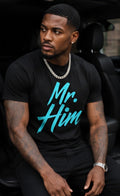 Mr. Him Statement Tee: Black Aqua Lettering Streetwear Shirt
