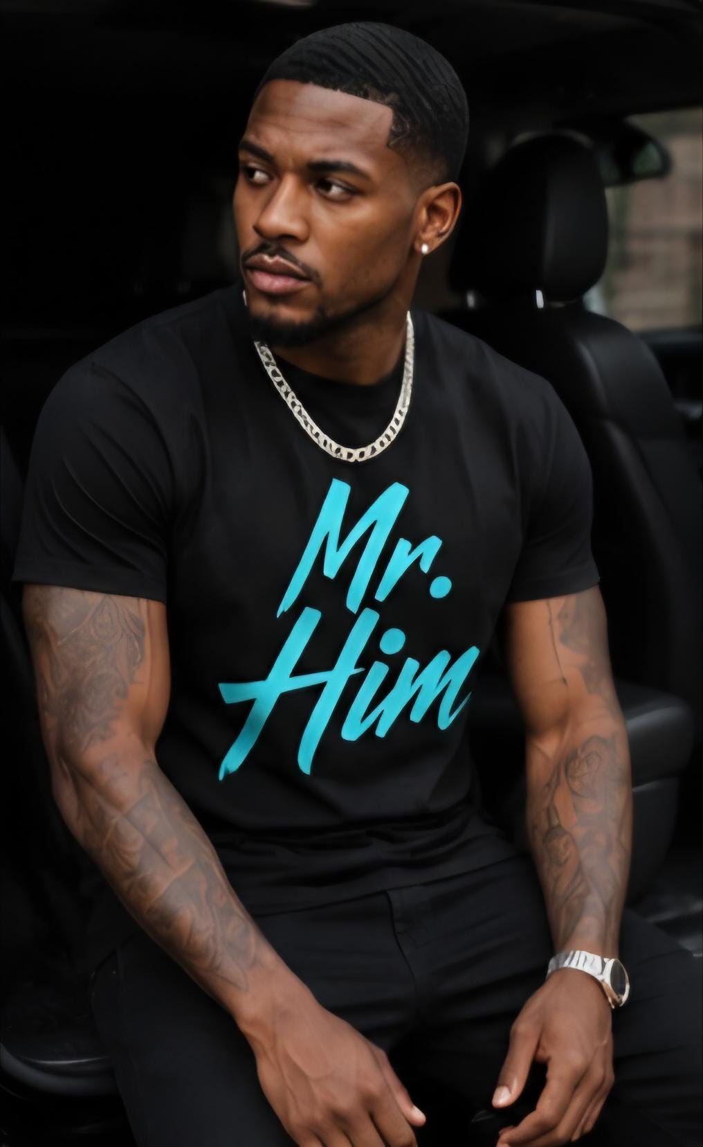 Mr. Him Statement Tee: Black Aqua Lettering Streetwear Shirt