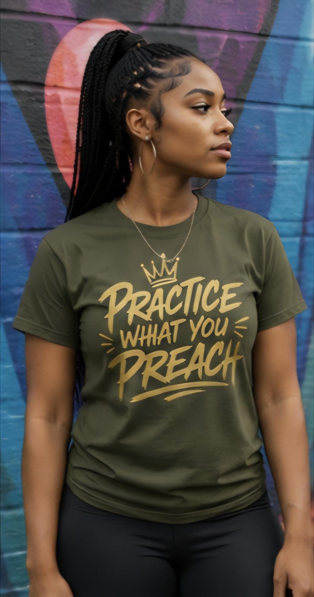 Practice What You Preach Military Green Graphic Tee – Gold Vinyl Statement Shirt