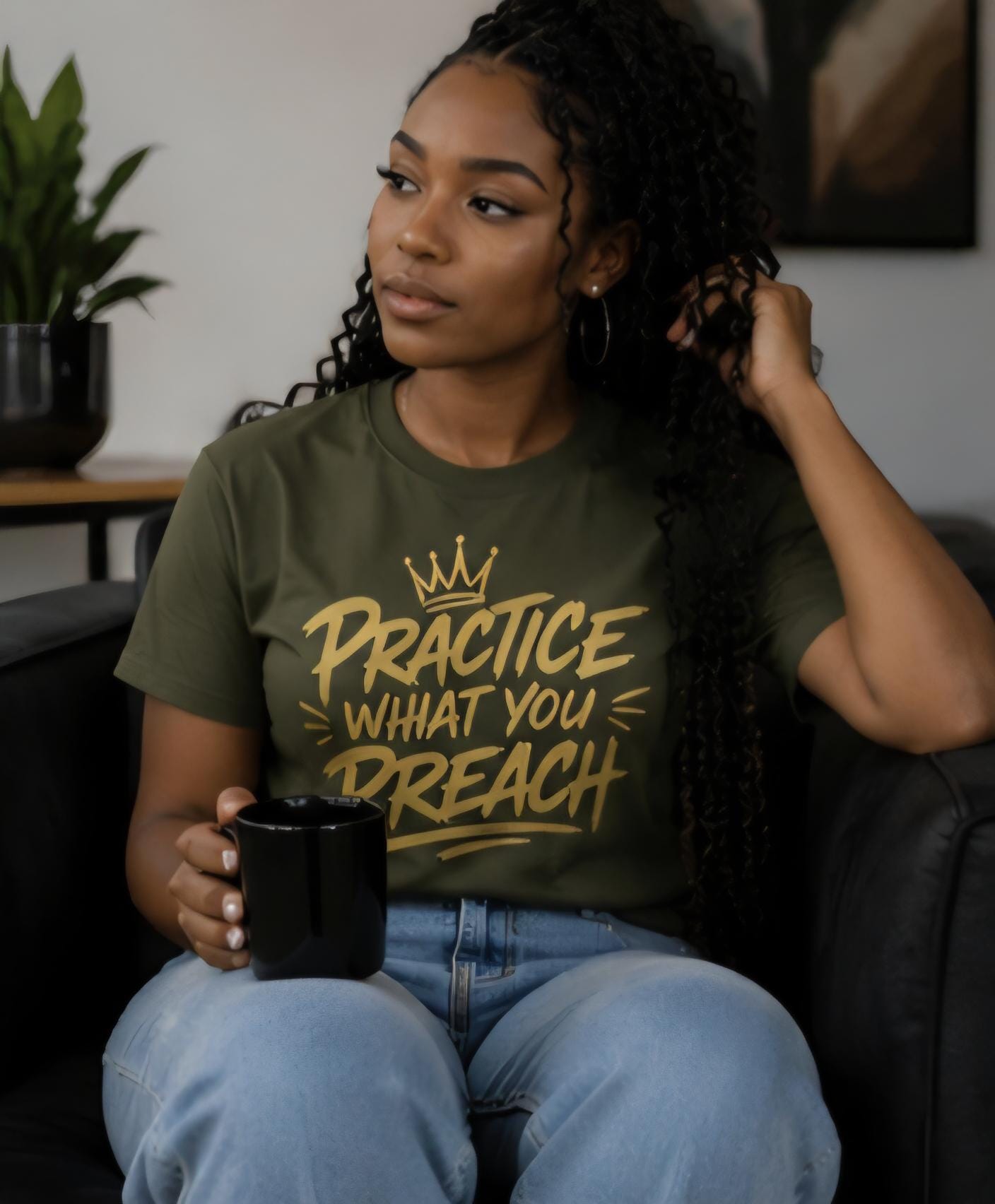 Practice What You Preach Military Green Graphic Tee – Gold Vinyl Statement Shirt