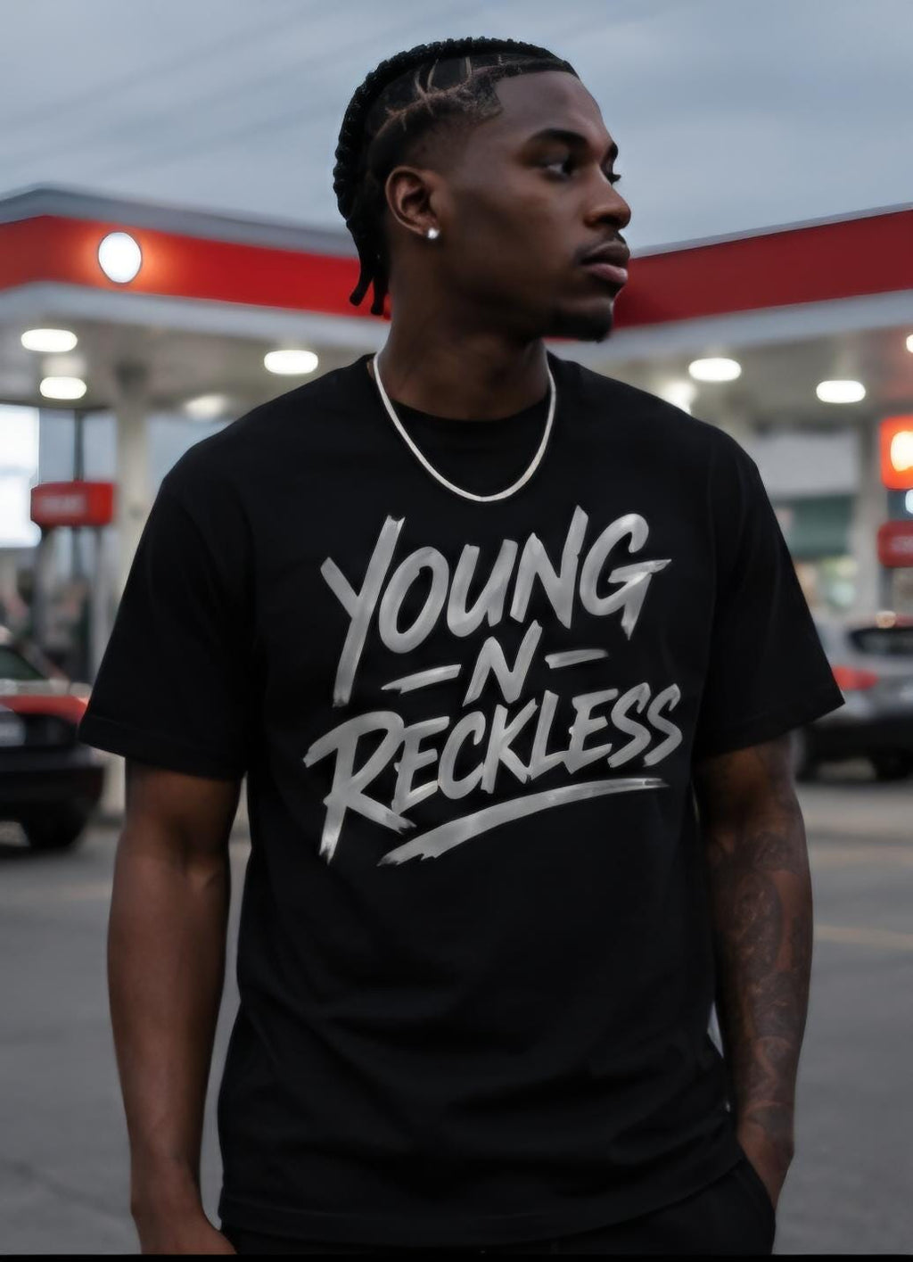 Young N Reckless Black T-Shirt: Silver Vinyl Graphic Streetwear Tee