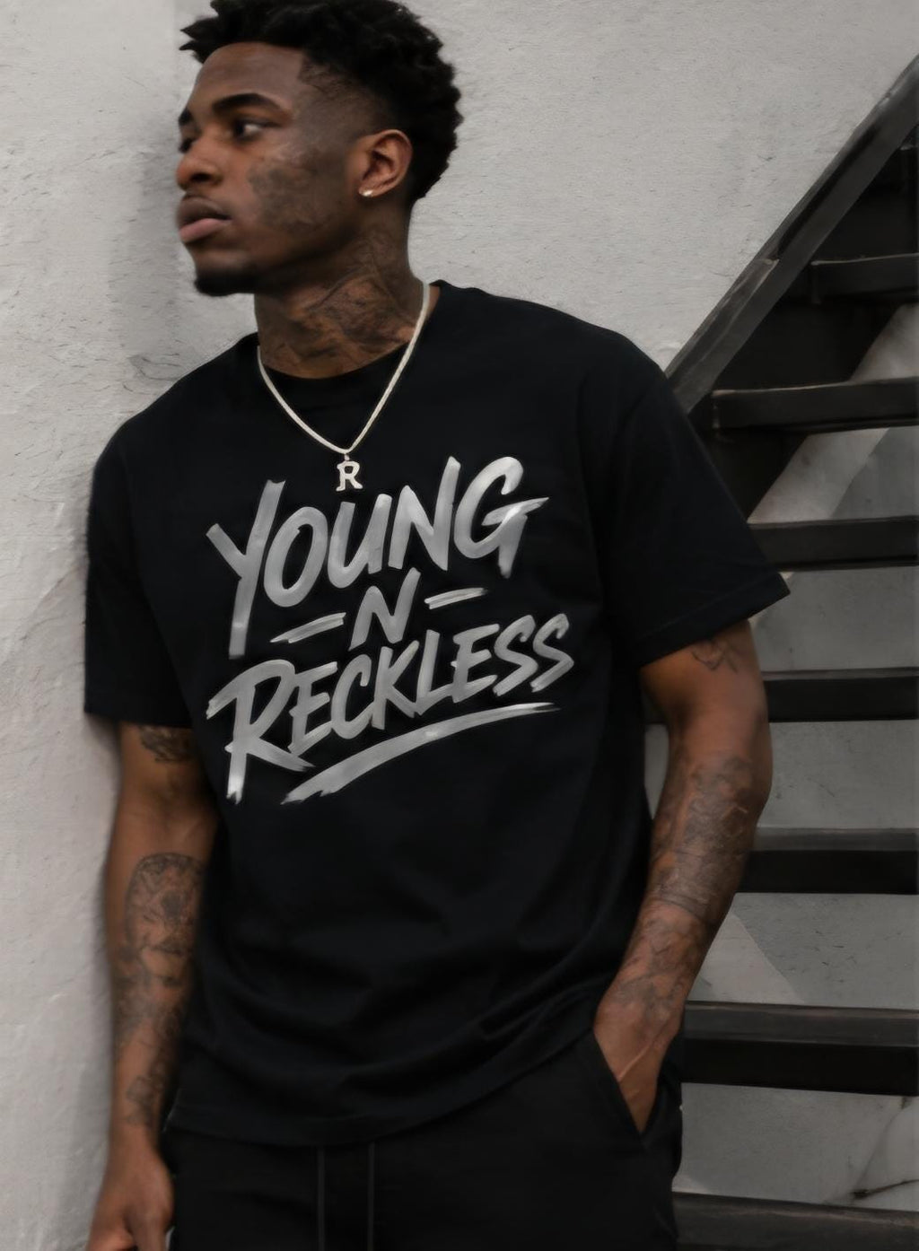 Young N Reckless Black T-Shirt: Silver Vinyl Graphic Streetwear Tee