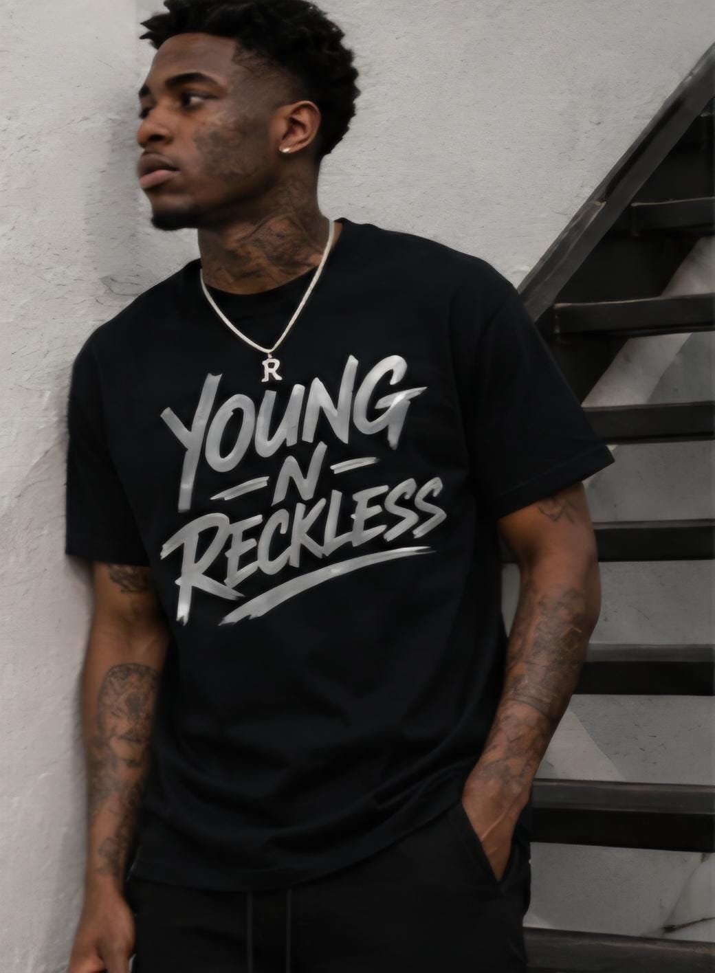 Young N Reckless Black T-Shirt: Silver Vinyl Graphic Streetwear Tee