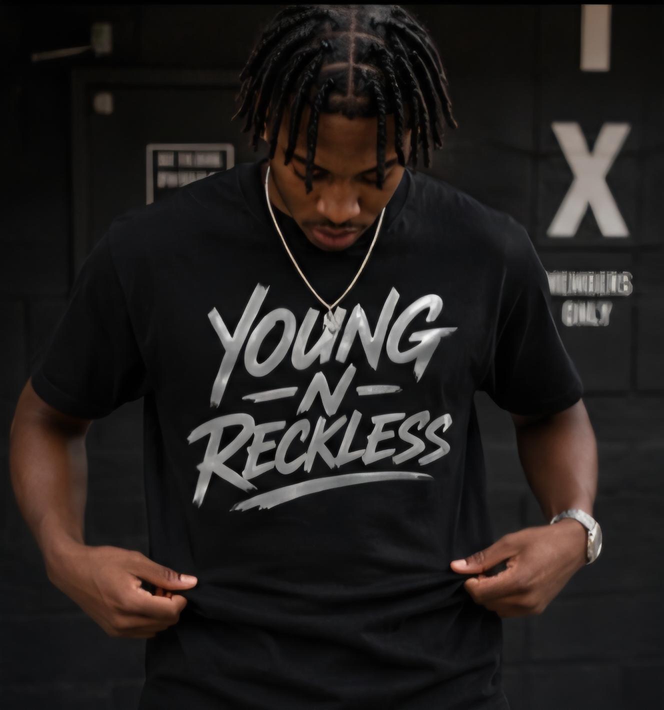 Young N Reckless Black T-Shirt: Silver Vinyl Graphic Streetwear Tee