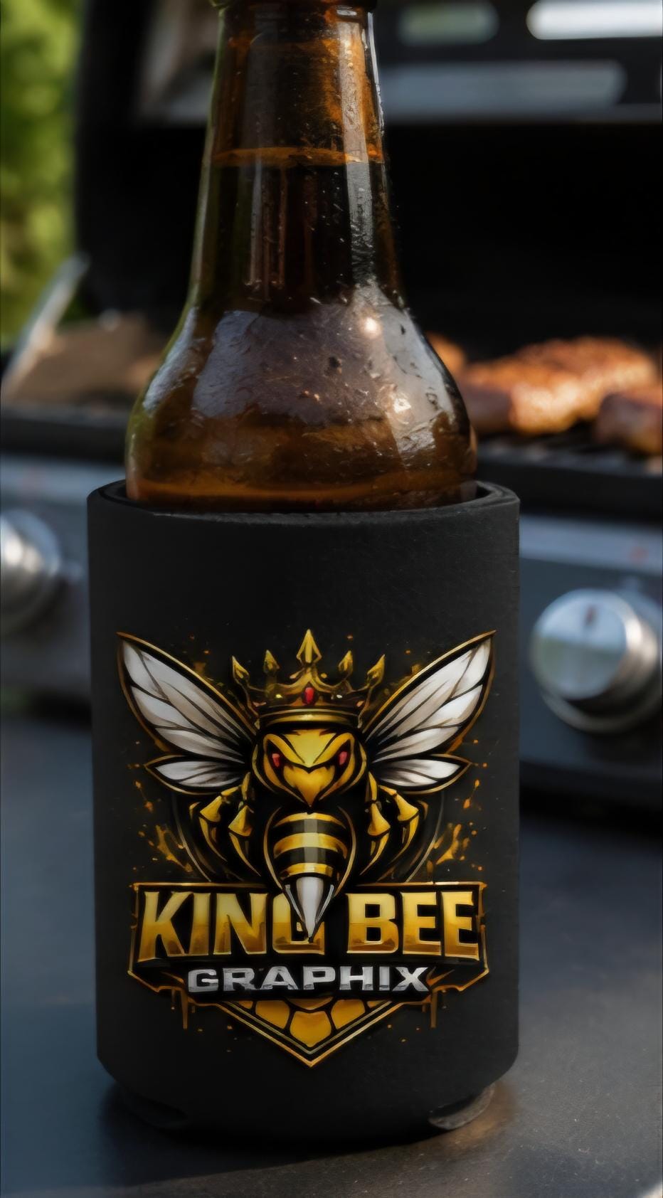 King Bee Beer Koozie | Premium Black & Gold Can Cooler | BBQ Beach Tailgate Drink Sleeve | King Bee Graphix