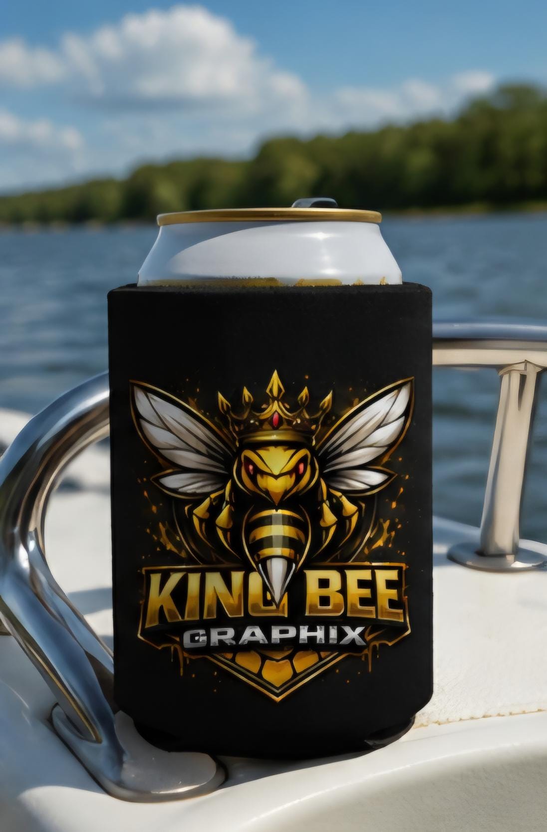 King Bee Beer Koozie | Premium Black & Gold Can Cooler | BBQ Beach Tailgate Drink Sleeve | King Bee Graphix