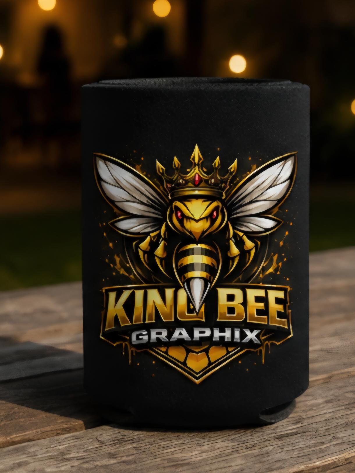 King Bee Beer Koozie | Premium Black & Gold Can Cooler | BBQ Beach Tailgate Drink Sleeve | King Bee Graphix