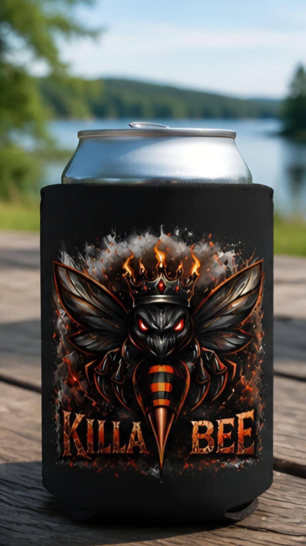 Killa Bee Beer Koozie | Premium Black Can Cooler | BBQ Beach Tailgate Drink Sleeve | Aggressive Bee Graphic | King Bee Graphix
