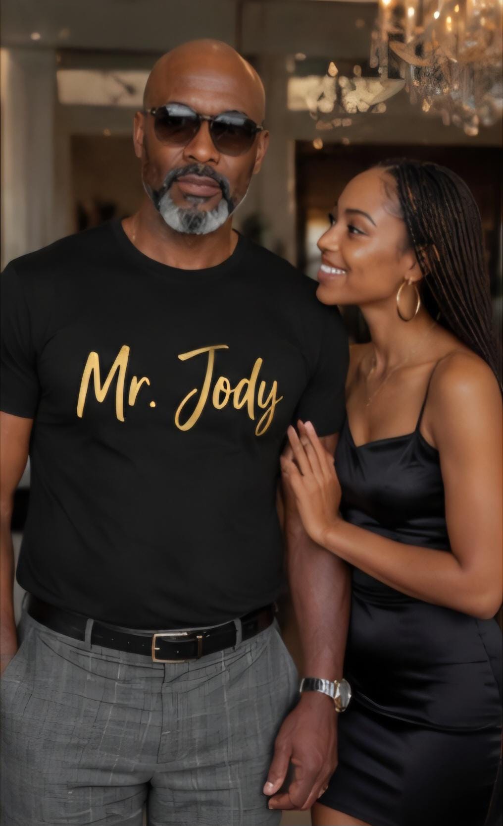 Mr Jody Shirt: Gold Vinyl Style Graphic Tee for Older Men