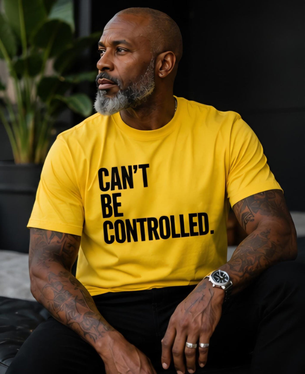 Can't Be Controlled Shirt Yellow Graphic Tee Black Vinyl Statement T Shirt Streetwear Tee Gift for Him Bold Confidence Shirt